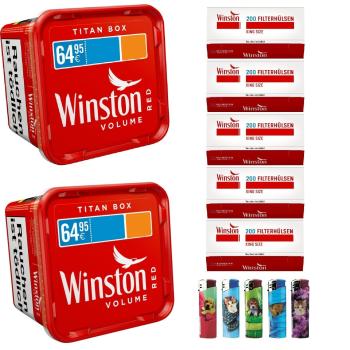 2x Winston Red Titan Box Volumentabak Stopftabak 260g + 1000 Hülsen + 5 Feuerzeuge