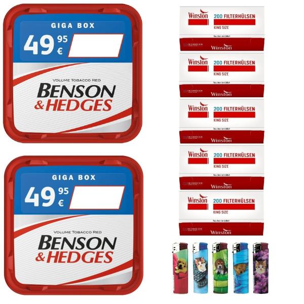 2x Benson & Hedges 235g Giga Box Volumentabak + 1000 Hülsen + 5 Feuerzeuge