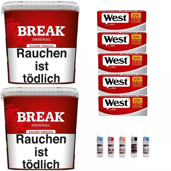 2x Break Red / Rot Volumentabak Giga Box 195g + 1000 Hülsen + 5 Feuerzeuge