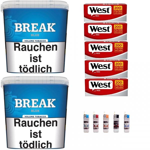 2 x Break Blue / Blau Volumentabak Giga Box 195g + 1000 Hülsen + 5 Feuerzeuge