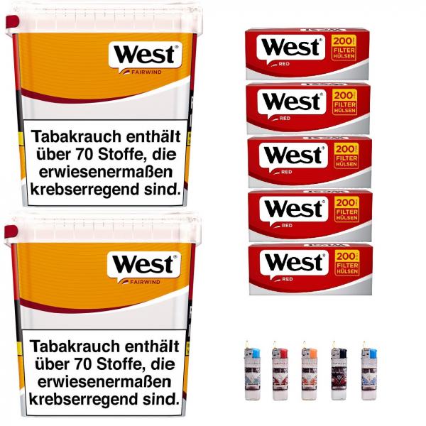 2x West Yellow 235g Eimer Volumentabak Stopftabak + 1000 Hülsen + 5 Feuerzeuge