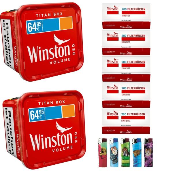 2x Winston Red Titan Box Volumentabak Stopftabak 260g + 1000 Hülsen + 5 Feuerzeuge