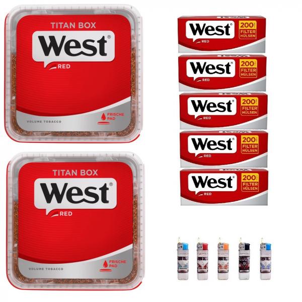2x West Red Tabak Titan Box 280g Volumentabak + 1000 Hülsen + 5 Feuerzeuge