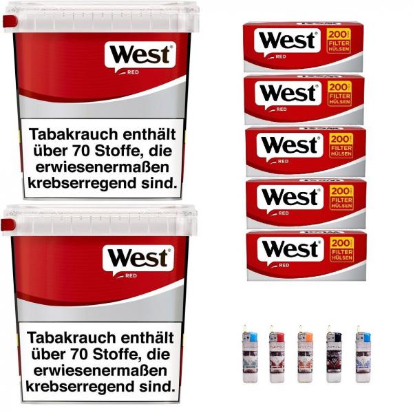 2x West Red Tabak Giga Box 170g Volumentabak + 1000 Hülsen + 5 Feuerzeuge