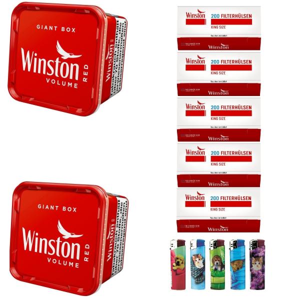 2x Winston Red Giant Box Volumentabak Stopftabak 165g + 1000 Hülsen + 5 Feuerzeuge