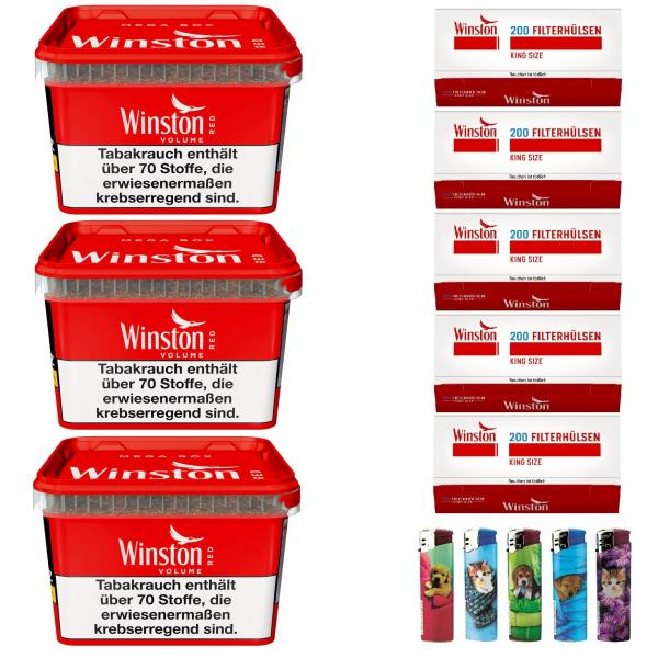 3x Winston Red Mega Box Volumentabak Stopftabak 120g + 1000 Hülsen + 5 Feuerzeug